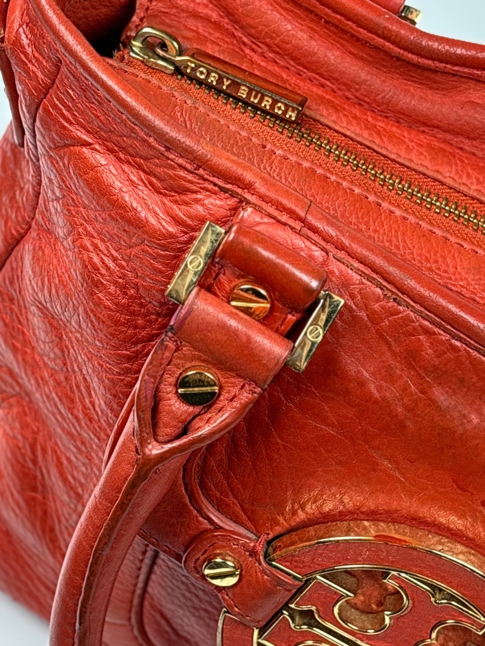 Tory burch Red Orange Amanda - Leather Shoulder Tote Bag with Gold Accents. - Picture 9 of 13